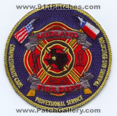Midland Fire Department (Texas)
[b]Scan From: Our Collection[/b]
[b]Patch Made By: 911Patches.com[/b]
Keywords: dept. compassionate care professional service training and education
