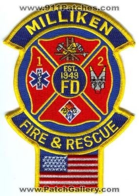 Milliken Fire & Rescue Patch (Colorado)
[b]Scan From: Our Collection[/b]
Keywords: department fd and 1 2