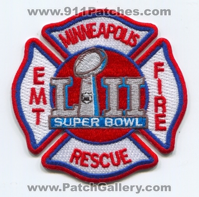 Minneapolis Fire Rescue Department EMT Super Bowl 52 Patch (Minnesota)
Scan By: PatchGallery.com
Keywords: dept. lii