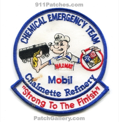 Mobil Oil Chalmette Refinery Chemical Emergency Team Patch (Louisiana)
Scan By: PatchGallery.com
Keywords: oil gas petroleum refinery industrial plant emergency response team ert hazardous materials haz-mat hazmat fire department dept. popeye strong to the finish