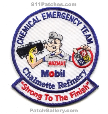 Mobil Oil Chalmette Refinery Chemical Emergency Team Patch (Louisiana)
Scan By: PatchGallery.com
Keywords: oil gas petroleum refinery industrial plant emergency response team ert hazardous materials haz-mat hazmat fire department dept. popeye strong to the finish