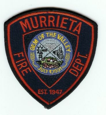 Murrieta Fire Dept
Thanks to PaulsFirePatches.com for this scan.
Keywords: california department