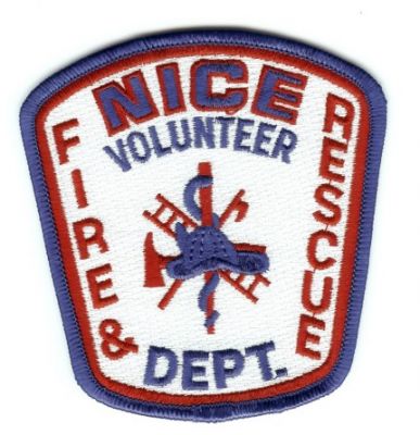 Nice Volunteer Dept Fire & Rescue
Thanks to PaulsFirePatches.com for this scan.
Keywords: california department