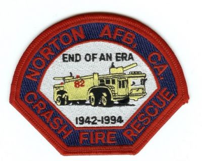 Norton AFB Crash Fire Rescue
Thanks to PaulsFirePatches.com for this scan.
Keywords: california air force base usaf cfr arff aircraft