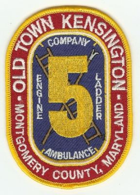 Old Town Kensington Fire Company 5
Thanks to PaulsFirePatches.com for this scan.
Keywords: maryland engine ladder ambulance montgomery county