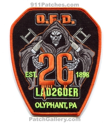 Olyphant Fire Department Hose Company 2 Ladder 26 Patch (Pennsylvania)
Scan By: PatchGallery.com
[b]Patch Made By: 911Patches.com[/b]
Keywords: OFD O.F.D. Dept. Co. Number No. #2 Station Est. 1898 Skull
