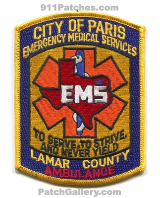 Paris Emergency Medical Services EMS Lamar County Ambulance Patch (Texas)
Scan By: PatchGallery.com
Keywords: co. to serve strive and never yield emt paramedic