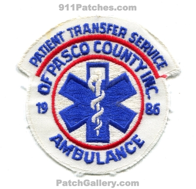 Patient Transfer Service of Paso County Inc Ambulance EMS Patch (Florida)
Scan By: PatchGallery.com
Keywords: co. inc. 1986