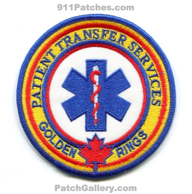 Patient Transfer Services Golden Rings EMS Patch (UNKNOWN STATE)
Scan By: PatchGallery.com
Keywords: ambulance emt paramedic