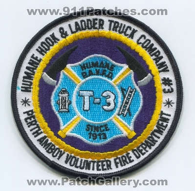 Perth Amboy Volunteer Fire Department Humane Hook and Ladder Truck Company Number 3 Patch (New Jersey)
Scan By: PatchGallery.com
Keywords: vol. dept. pavfd p.a.v.f.d. & co. #3 t-3 since 1913 station