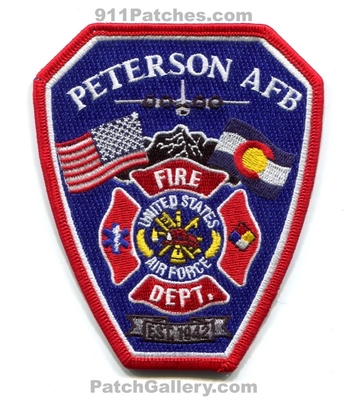 Peterson Air Force Base AFB Fire Department USAF Military Patch (Colorado)
[b]Scan From: Our Collection[/b]
Keywords: a.f.b. dept. u.s.a.f. united states dept. est. 1942