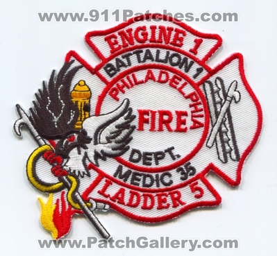 Philadelphia Fire Department Engine 1 Ladder 5 Medic 35 Battalion 1 Patch (Pennsylvania)
Scan By: PatchGallery.com
Keywords: phila. pfd p.f.d. dept. company co. station