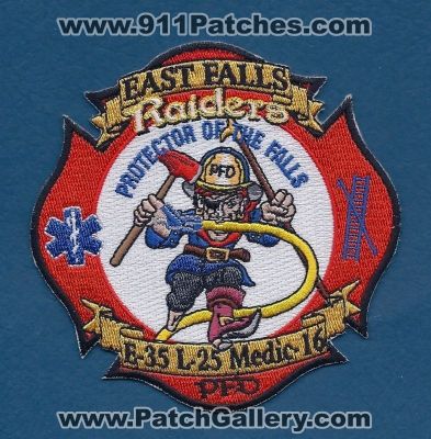 Philadelphia Fire Department Engine 35 Ladder 25 Medic 16 (Pennsylvania)
Thanks to PaulsFirePatches.com for this scan.
Keywords: dept. east falls pfd e-35 l-25 ems