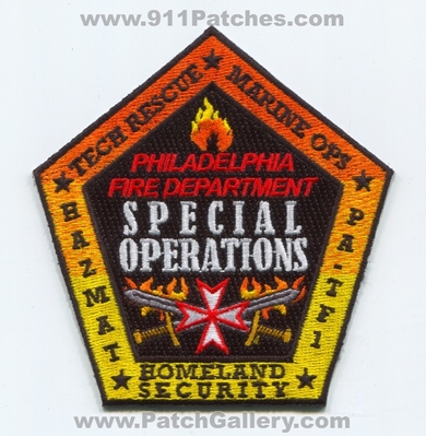 Philadelphia Fire Department Special Operations Patch (Pennsylvania)
Scan By: PatchGallery.com
[b]Patch Made By: 911Patches.com[/b]
Keywords: Dept. PFD P.F.D. Spec. Ops. Technical Rescue Marine HazMat Homeland Security Task Force One 1 TF1 USAR