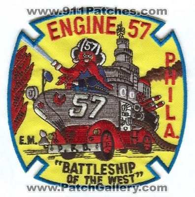 Philadelphia Fire Department Engine 57 Patch (Pennsylvania)
Scan By: PatchGallery.com
Keywords: dept. pfd company co. station phila. battleship of the west