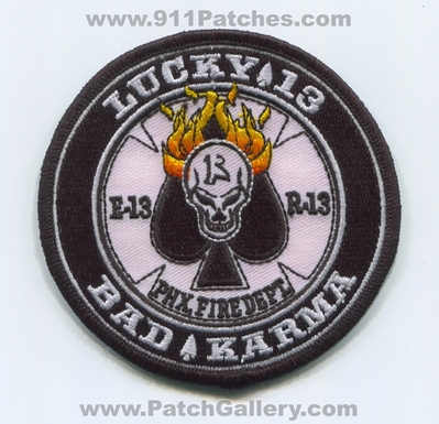 Phoenix Fire Department Station 13 Patch (Arizona)
Scan By: PatchGallery.com
Keywords: phx. dept. company co. engine e-13 rescue r-13 lucky bad karma skull