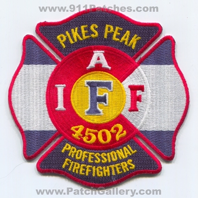 Pikes Peak Professional Firefighters IAFF Local 4502 Patch (Colorado)
[b]Scan From: Our Collection[/b]
Keywords: fire department dept. black forest donald wescott falcon cimarron hills