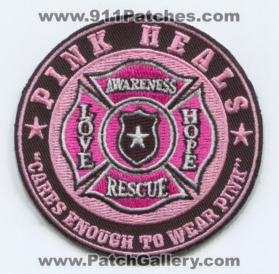 Pink Heals Inc Pink Fire Trucks Patch (No State Affiliation)
Scan By: PatchGallery.com
Keywords: inc. love hope awareness rescue cares enough to wear pink department dept.