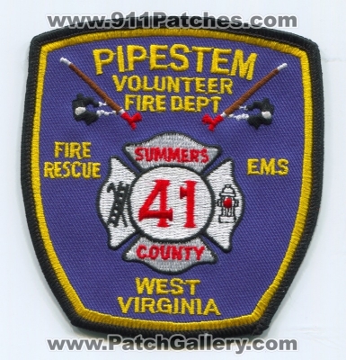 Pipestem Volunteer Fire Department Patch (West Virginia)
Scan By: PatchGallery.com
Keywords: vol. dept. rescue ems summers county co. 41