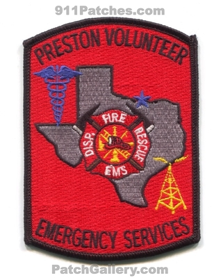 Preston Volunteer Emergency Services Fire Rescue Department Patch (Texas)
Scan By: PatchGallery.com
Keywords: vol. es dept. dispatcher 911 ems