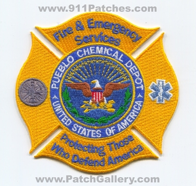 Pueblo Chemical Depot Fire and Emergency Services US Army Military Patch (Colorado)
[b]Scan From: Our Collection[/b]
Keywords: & es department dept. u.s. united states of america protecting those who defend America