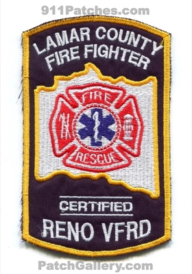 Reno Volunteer Fire Rescue Department Lamar County Firefighter Certified Patch (Texas)
Scan By: PatchGallery.com
Keywords: vol. dept. cfrd co. ff