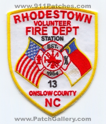 Rhodestown Volunteer Fire Department Station 13 Patch (North Carolina)
Scan By: PatchGallery.com
Keywords: Vol. Dept. Onslow County Co. Est. 1964