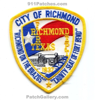 Richmond Fire Department Patch (Texas)
Scan By: PatchGallery.com
Keywords: city of dept. on the brazos county co. seat of fort ft. bend 1837