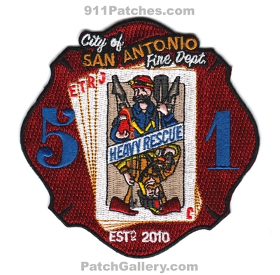 San Antonio Fire Department Heavy Rescue 51 Patch (Texas)
Scan By: PatchGallery.com
[b]Patch Made By: 911Patches.com[/b]
Keywords: city of dept. company co. station est 2010