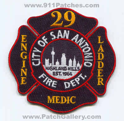 San Antonio Fire Department Station 29 Highland Hills Patch (Texas)
Scan By: PatchGallery.com
[b]Patch Made By: 911Patches.com[/b]
Keywords: City of Dept. Engine Ladder Medic Company Co. Est. 1964