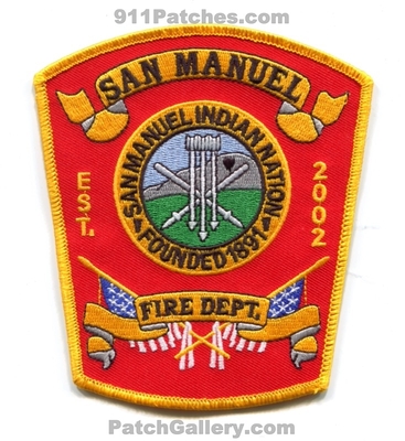 San Manuel Indian Nation Fire Department Patch (California)
Scan By: PatchGallery.com
Keywords: tribal tribe dept. est. 2002 founded 1891