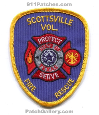 Scottsville Volunteer Fire Rescue Department Patch (Texas)
Scan By: PatchGallery.com
Keywords: vol. dept. protect serve