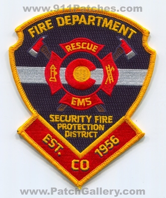 Security Fire Department Patch (Colorado)
[b]Scan From: Our Collection[/b]
Keywords: dept. rescue ems protection prot. district. dist. est. 1956