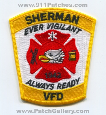 Sherman Volunteer Fire Department Patch (Connecticut)
Scan By: PatchGallery.com
Keywords: vol. dept. vfd ever vigilant always ready 1942