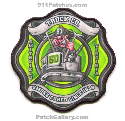 Smithfield Fire Department Truck 50 Patch (Virginia)
Scan By: PatchGallery.com
[b]Patch Made By: 911Patches.com[/b]
Keywords: dept. company co. station smoke cured since 1939