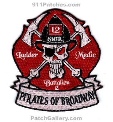South Metro Fire Rescue Department Station 12 Patch (Colorado)
[b]Scan From: Our Collection[/b]
[b]Patch Made By: 911Patches.com[/b]
Keywords: SMFR S.M.F.R. Authority Dept. Ladder Truck Medic Ambulance Battalion Chief 2 Company Co. Pirates of Broadway - Skull