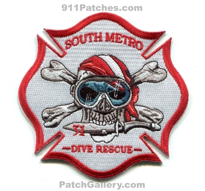 South Metro Fire Rescue Department Station 31 Dive Rescue Patch (Colorado)
[b]Scan From: Our Collection[/b]
[b]Patch Made By: 911Patches.com[/b]
Keywords: dept. smfr company co. scuba diver water pirate skull