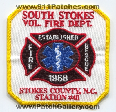 South Stokes Volunteer Fire Department Station 40 Patch (North Carolina)
Scan By: PatchGallery.com
Keywords: vol. dept. rescue stokes county co. n.c. nc #40