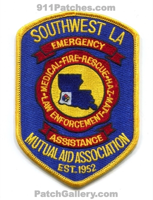 Southwest Mutual Aid Association Emergency Assistance Patch (Louisiana)
Scan By: PatchGallery.com
Keywords: fire rescue medical law enforcement hazmat haz-mat department dept. est. 1952