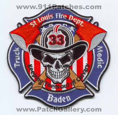 Saint Louis Fire Department Station 33 Patch (Missouri)
Scan By: PatchGallery.com
Keywords: St.L.F.D. StLFD Dept. Truck Medic Ambulance Company Co. Keeping Them out of Calvary - Baden - Skull