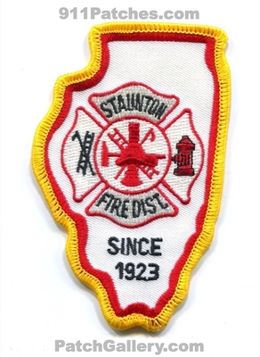 Staunton Fire District Patch (Illinois) (State Shape)
Scan By: PatchGallery.com
Keywords: dist. department dept. since 1923