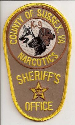Sussex County Sheriff's Office K-9 Narcotics
Thanks to EmblemAndPatchSales.com for this scan.
Keywords: virginia sheriffs k9