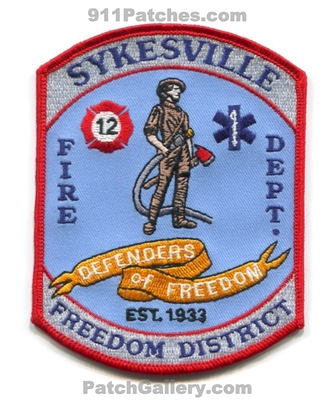 Sykesville Freedom District Fire Department 12 Patch (Maryland)
Scan By: PatchGallery.com
Keywords: dist. dept. defenders of est. 1933