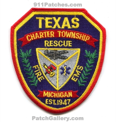 Texas Charter Township Fire Rescue Department Patch (Michigan)
Scan By: PatchGallery.com
Keywords: twp. dept. ems est. 1947