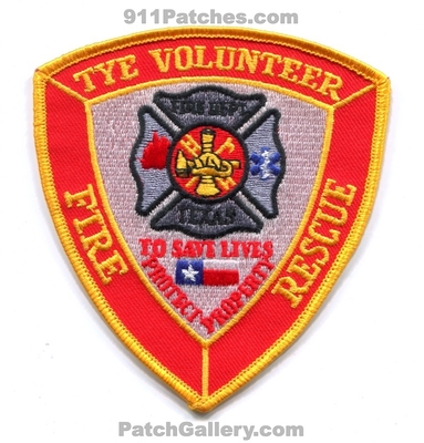 Tye Volunteer Fire Rescue Department Patch (Texas)
Scan By: PatchGallery.com
Keywords: vol. dept. to save lives protect property