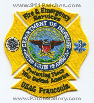 USAG Franconia Fire and Emergency Services US Army Military Patch (Germany)
Scan By: PatchGallery.com
Keywords: united states garrison ansbach u.s.a.g. & department dept. of defense dod d.o.d.