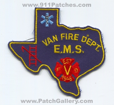 Van Fire Department EMS Patch (Texas)
Scan By: PatchGallery.com
Keywords: dept. fd e.m.s. est 1948