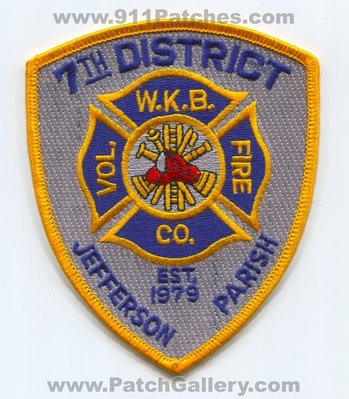 7th District Jefferson Parish Washington Kennedy Brady WKB Volunteer Fire Company Patch (Louisiana)
Scan By: PatchGallery.com
Keywords: w.k.b. vol. co. department dept. est. 1979