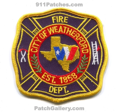 Weatherford Fire Department Patch (Texas)
Scan By: PatchGallery.com
Keywords: city of dept. est. 1858