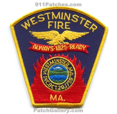 Westminster Fire Department Patch (Massachusetts)
Scan By: PatchGallery.com
Keywords: dept. always ready 1825 inc. oct. 20, 1759 ma.